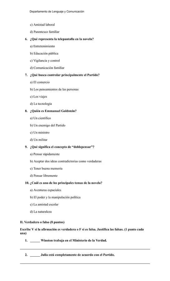 📖 Prueba de Lectura “1984” | George Orwell | Análisis de Fragmentos + Pauta
