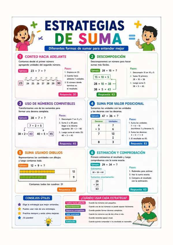 Estrategias de Suma | Póster Matemático Imprimible para Primaria | Métodos de Suma Paso a Paso