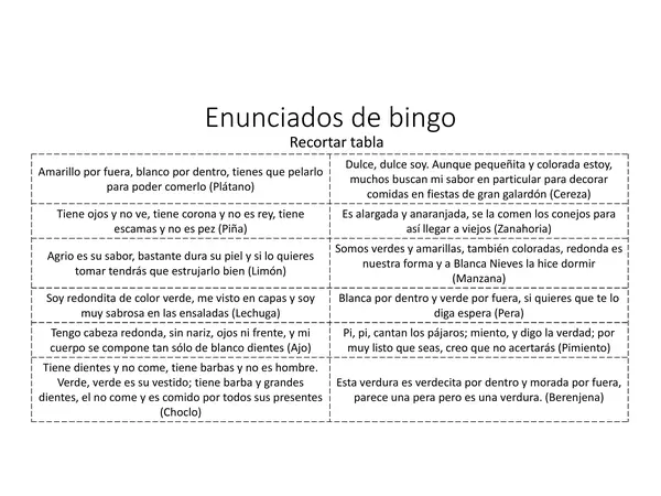 Bingo de Frutas y Verduras