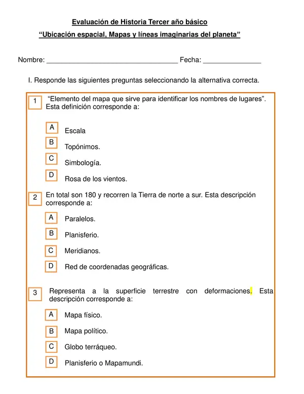 Evaluación de Historia, tercer año " Mapas, ubicación espacial y líneas imaginarias"