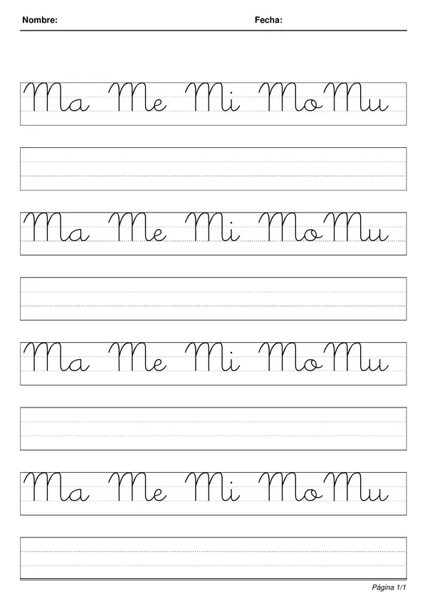 Cuaderno de caligrafía de la letra "M" manuscrita lineal 