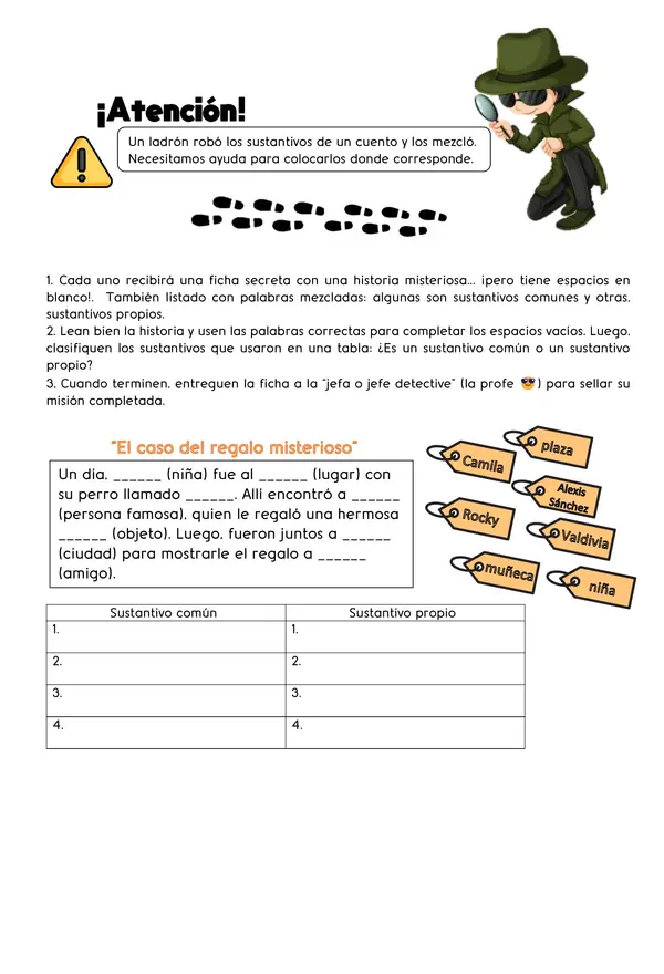 Guía de trabajo - Sustantivos propios y comunes - Detectives de los Sustantivos