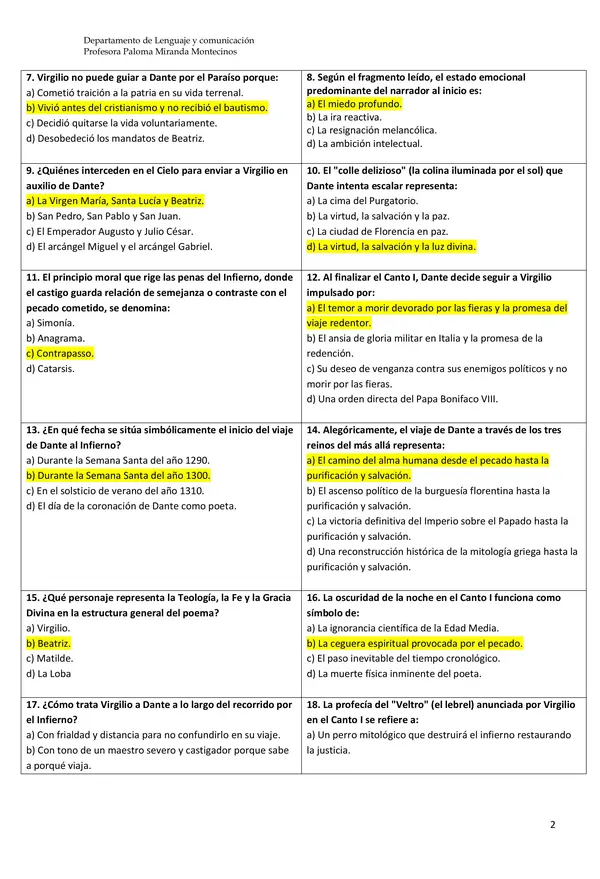 Evaluación "La divina comedia" (El infierno)