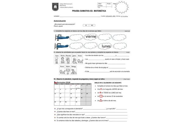 Prueba Matemática (uso calendario y la hora)