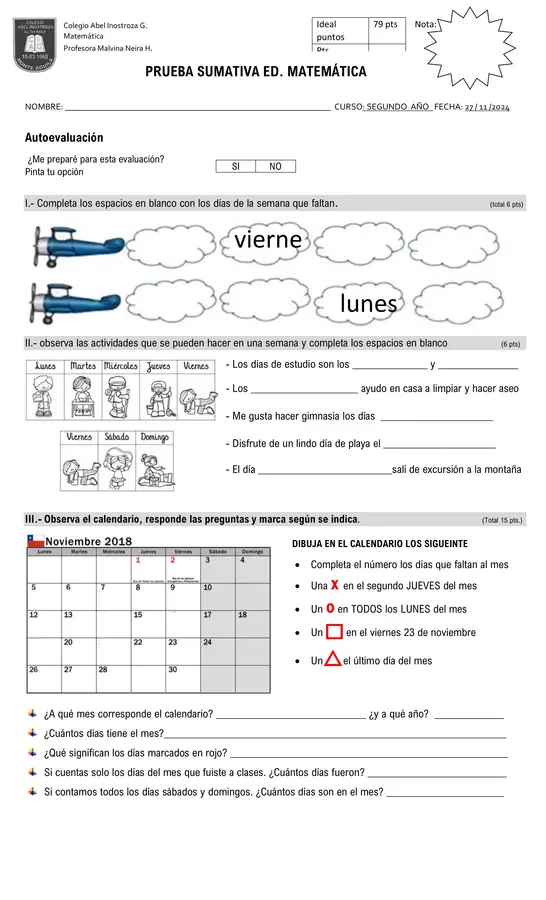 Prueba Matemática (uso calendario y la hora)