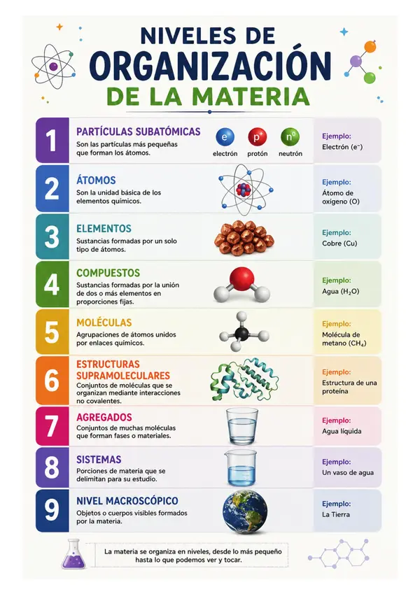 Póster, infografía, cartel o Afiche: Niveles de Organización de la Materia 