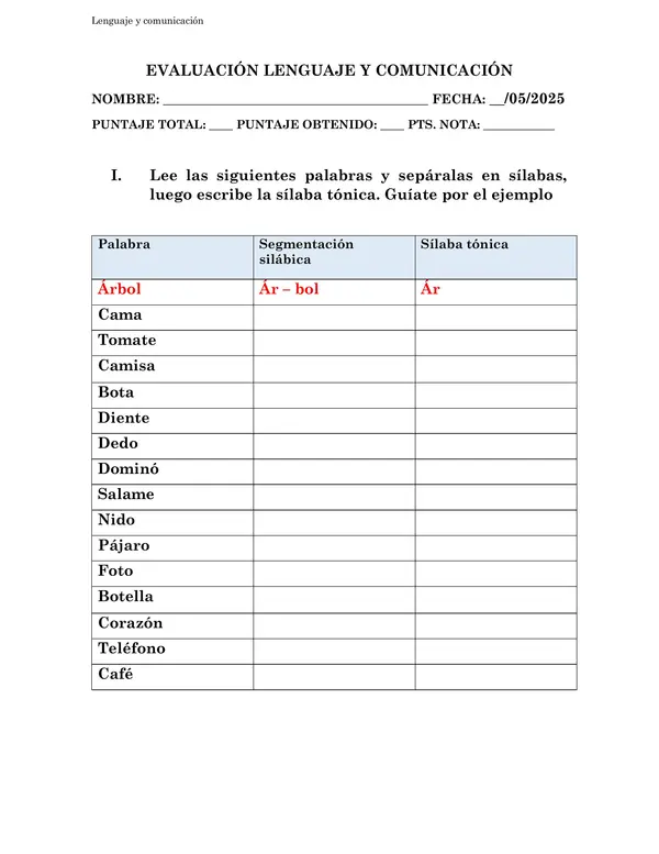 EVALUACIÓN SÍLABA TÓNICA 