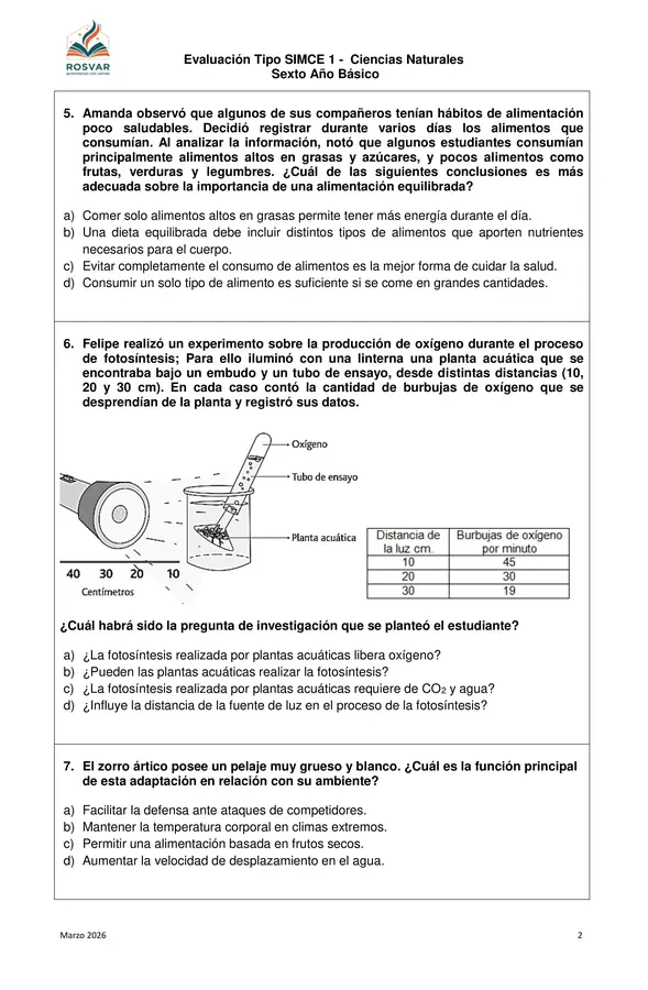 Ensayo Tipo SIMCE 6° Ciencias Naturales n° 1. 