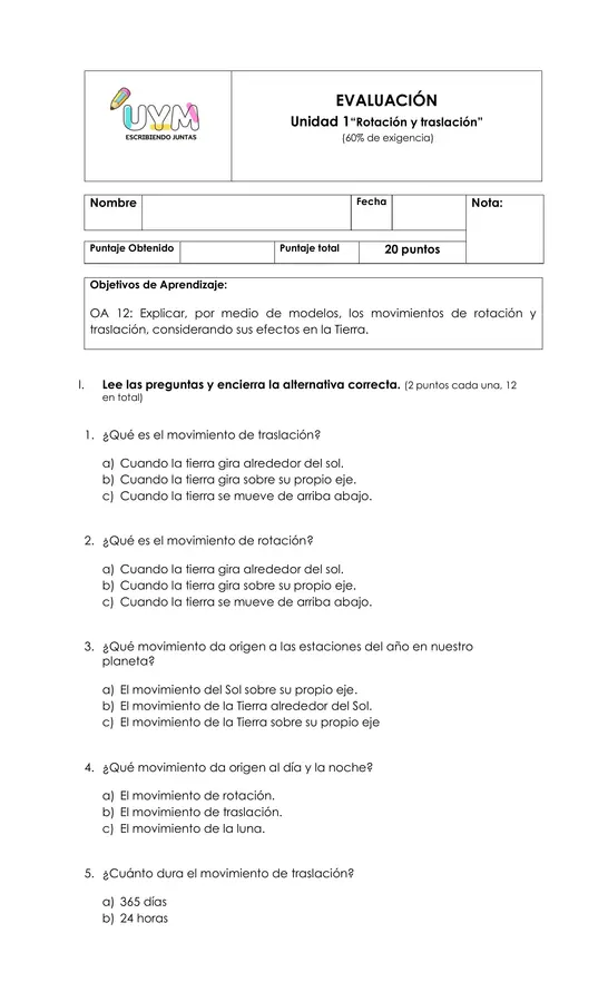 Evaluación ciencias "rotación y traslación"