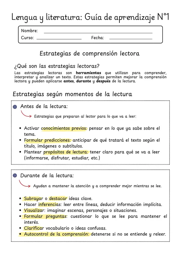 Guía de trabajo: Momentos de la lectura