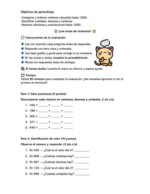 Evaluación Matemáticas “Números hasta el 1.000”