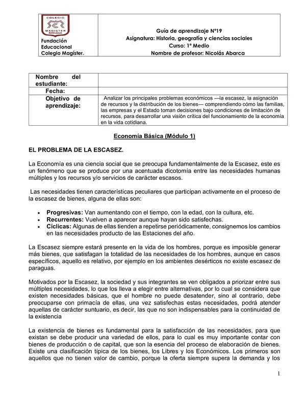 Guía de aprendizaje Economía 1 medio 