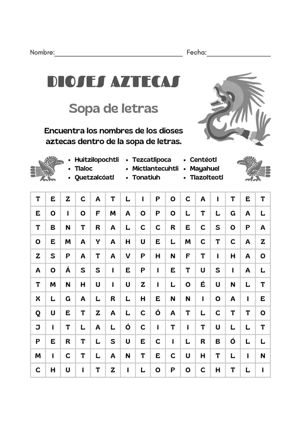 Sopas de letras dioses aztecas