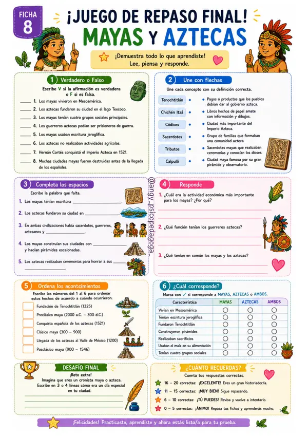 Fichas de estudio "Los Mayas y Aztecas", incluye Juego para repaso.
