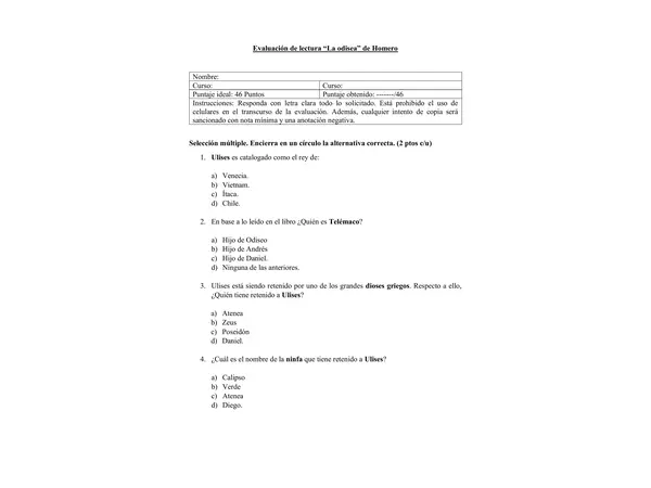 Evaluación de lectura "La Odisea" – Homero | Prueba + Pauta de corrección | Lengua y Literatura