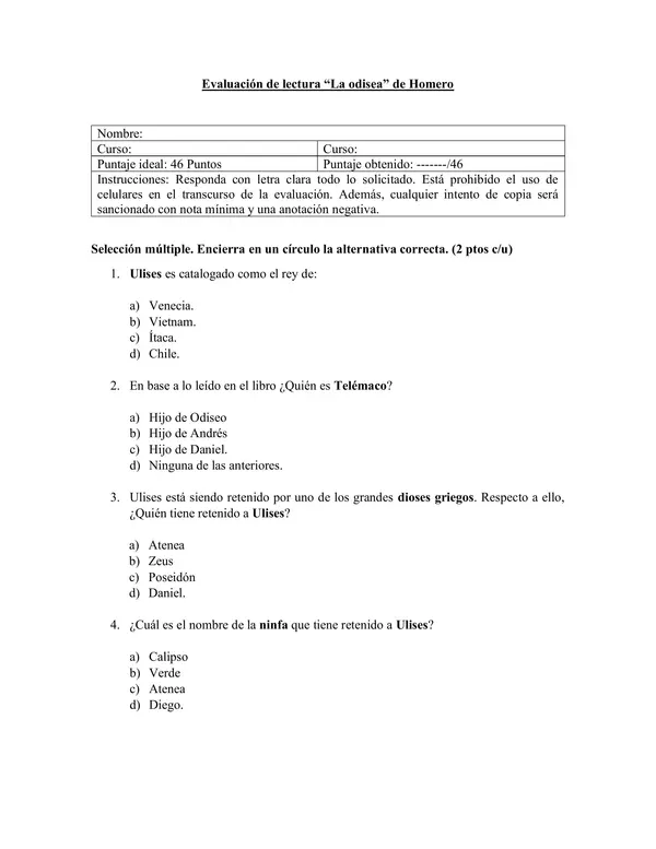 Evaluación de lectura "La Odisea" – Homero | Prueba + Pauta de corrección | Lengua y Literatura