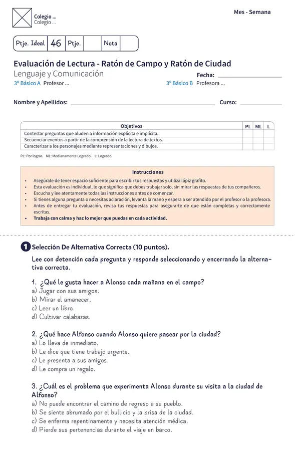 Evaluación de Lectura - Ratón de Campo y Ratón de Ciudad