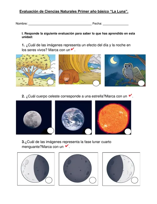 Evaluación de ciencias primer año "La Luna"