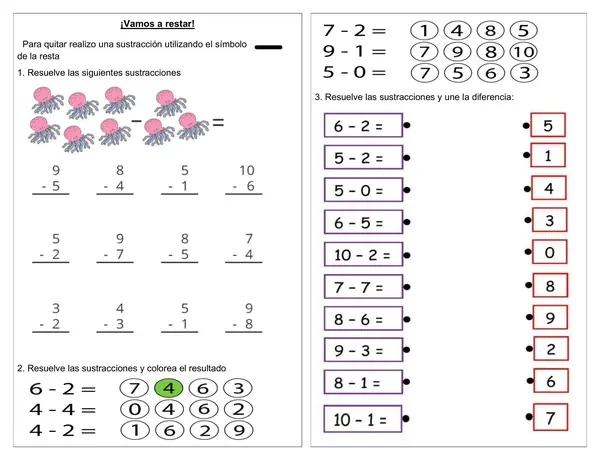 Guía de matemática 1° básico "Restas hasta el número 10"