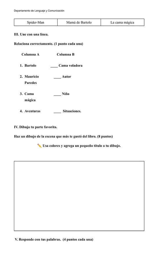 🌟 Prueba de Lectura “La cama mágica de Bartolo” | Actividades Dinámicas + Pauta