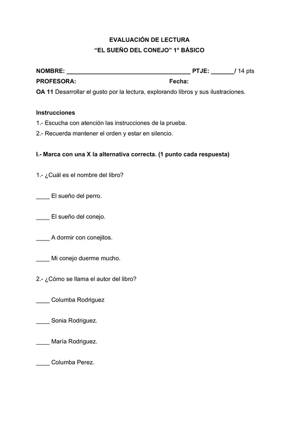 EVALUACIÓN "EL SUEÑO DEL CONEJO"