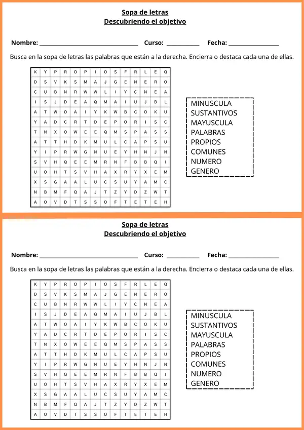 Sopa de letras, sustantivos 