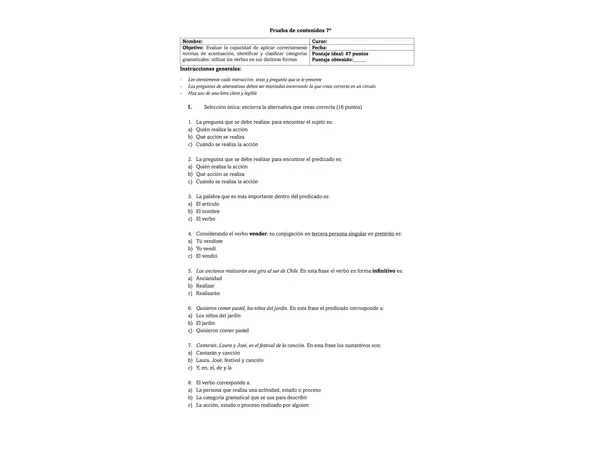 Prueba repaso gramatical 7°