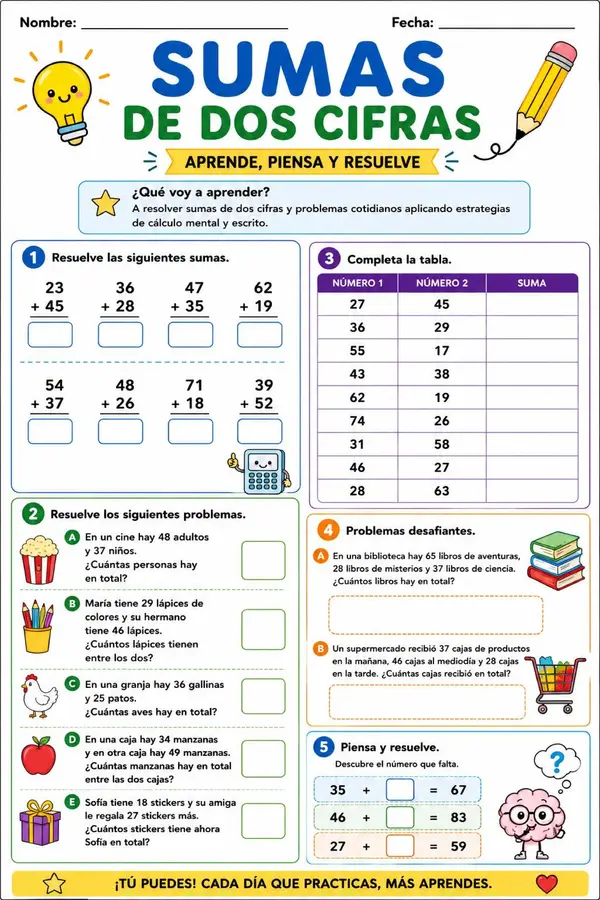 Sumas de dos cifras | Guía matemática + resolución de problemas (Color y blanco y negro)