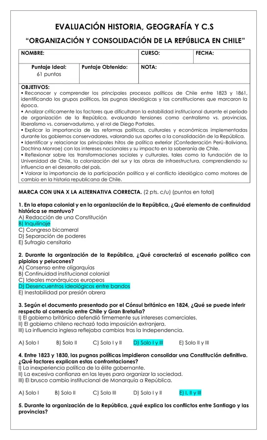 Prueba Historia - Organización y consolidación de la república de Chile