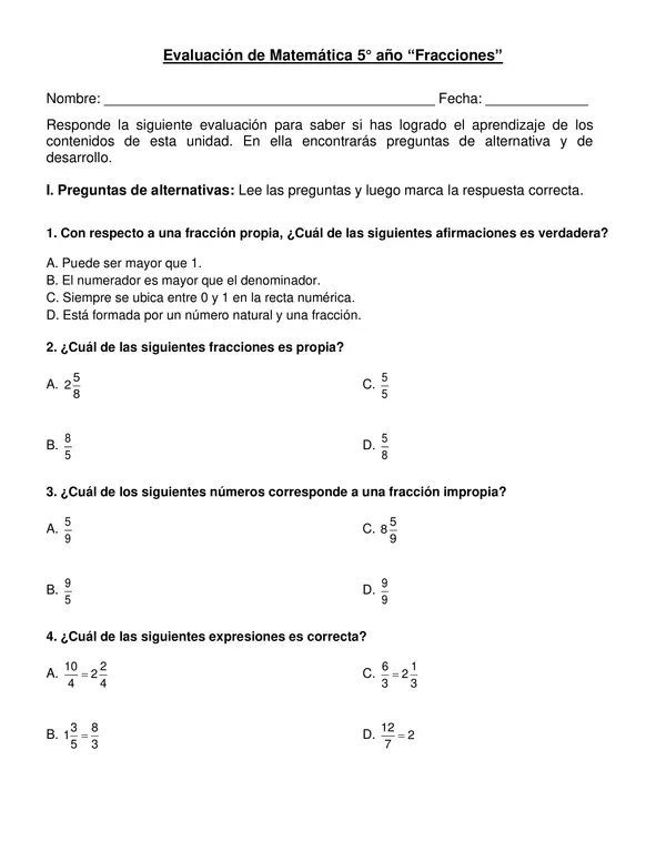 Evaluación "Fracciones" 5° año básico