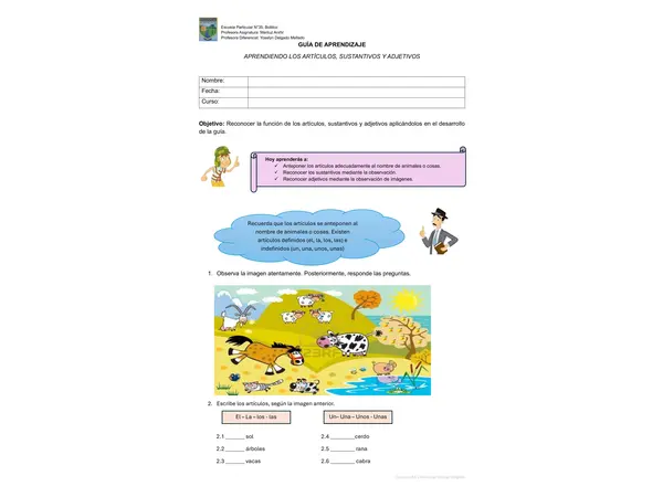 Guía de aprendizaje o prueba de artículos, sustantivos y adejtivos 
