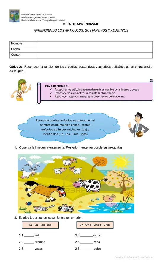 Guía de aprendizaje o prueba de artículos, sustantivos y adejtivos 