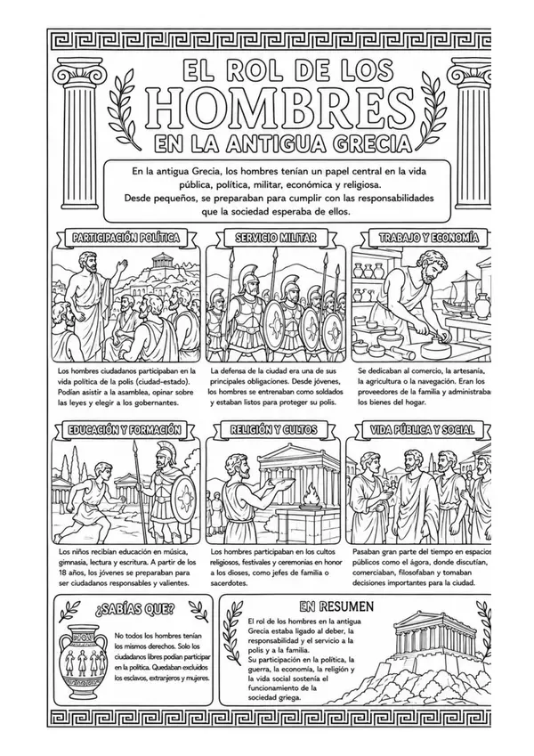 El Rol de los Hombres en la Antigua Grecia | Póster Educativo para Colorear