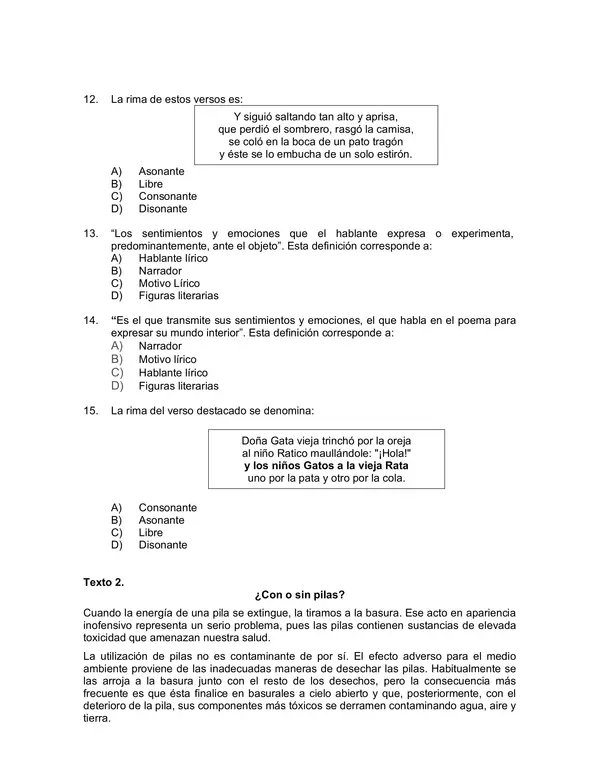 Evaluacion de Lenguaje 6 Basico: genero lirico: el renacuajo paseador