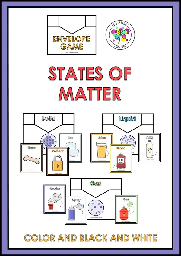 State of matter game flash cards color BW solid liquid gas