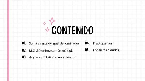 repaso de contenidos de suma y restas de distinto denominador