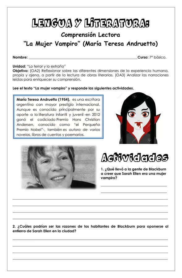 Guía de trabajo - "La mujer vampiro" (M° Teresa Andruetto) - 7° Lengua y literatura
