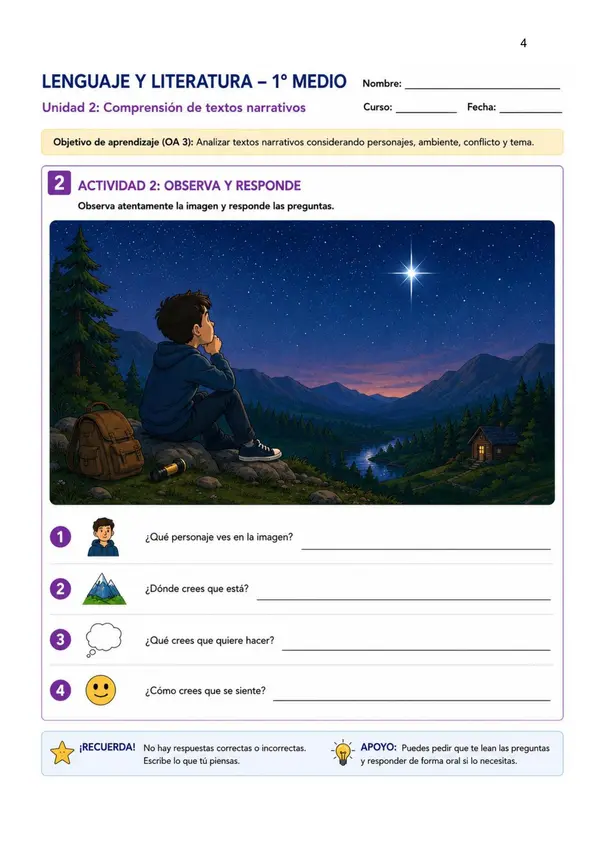 Comprensión Lectora: Lengua y Literatura 1° Medio con secuencia Didáctica=PIE-ESC. ESPECIAL