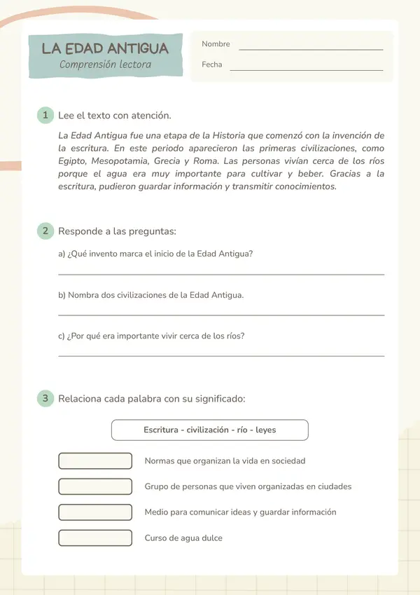 Ficha de Comprensión Lectora "La Edad Antigua"