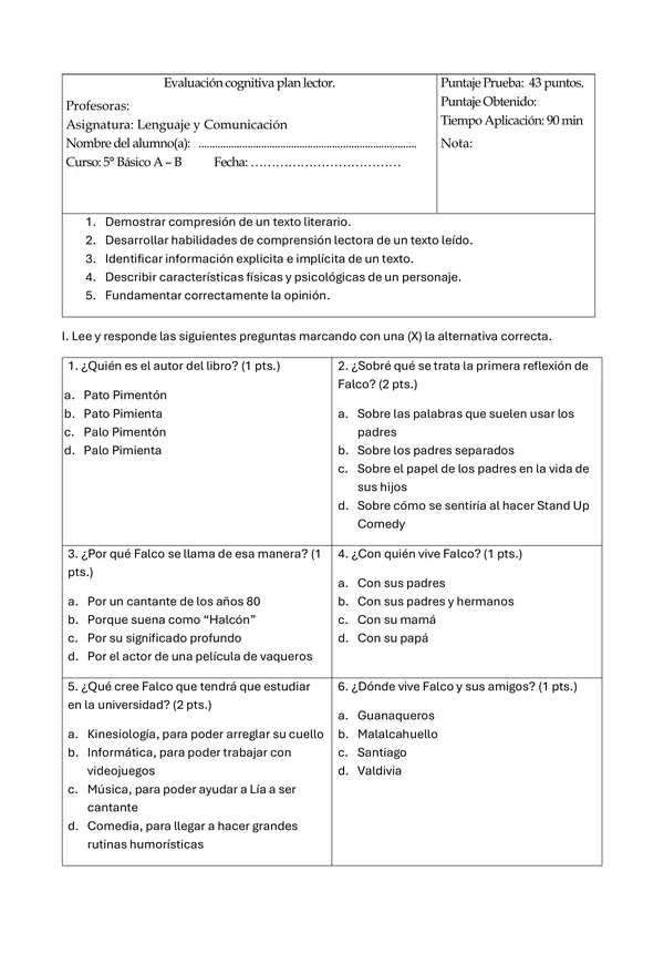 Evaluación Plan Lector Falco- Se ofrece monologuista