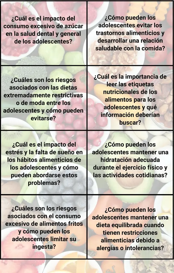 tarjetas de preguntas de nutrición y tipos de nutrientes