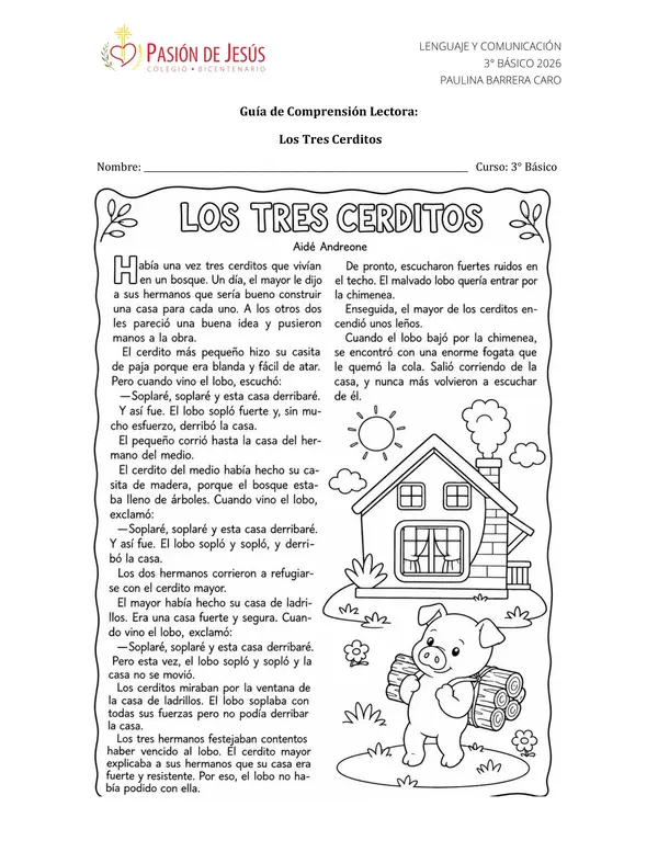 Guía de comprensión lectora "Los tres cerditos"