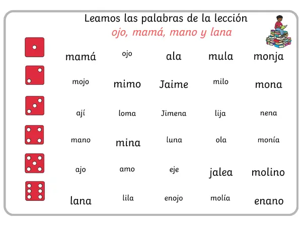 Tablero Lectura de palabras lección método matte (ojo, mamá, mano y lana)