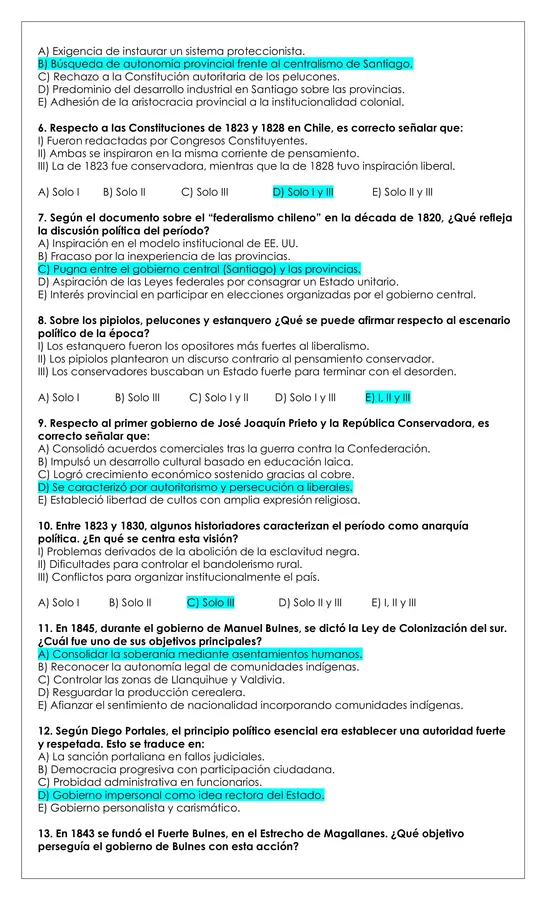 Prueba Historia - Organización y consolidación de la república de Chile