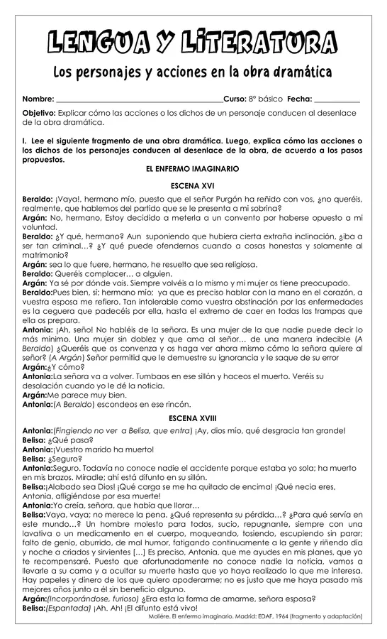 Guía de trabajo - personajes y acciones en una obra dramática - 8° 