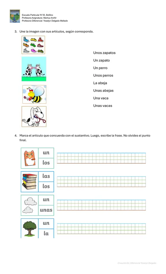 Guía de aprendizaje o prueba de artículos, sustantivos y adejtivos 