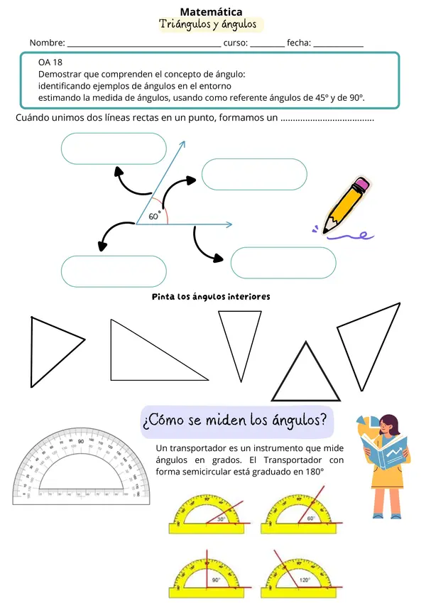 Ficha de Matemática: Ángulos y Triángulos - Identificación, Medición y Dibujo