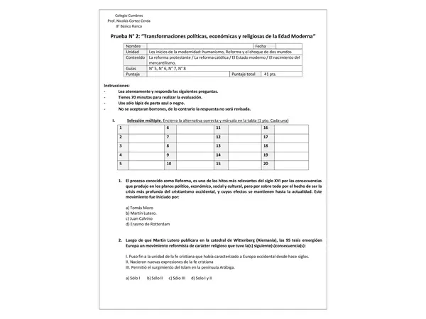 Evaluación N° 2: “Transformaciones políticas, económicas y religiosas de la Edad Moderna”