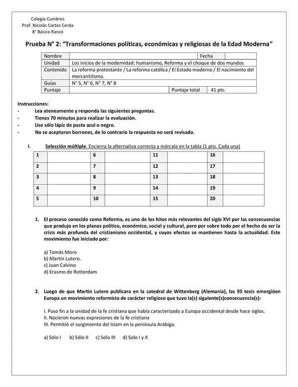 Evaluación N° 2: “Transformaciones políticas, económicas y religiosas de la Edad Moderna”