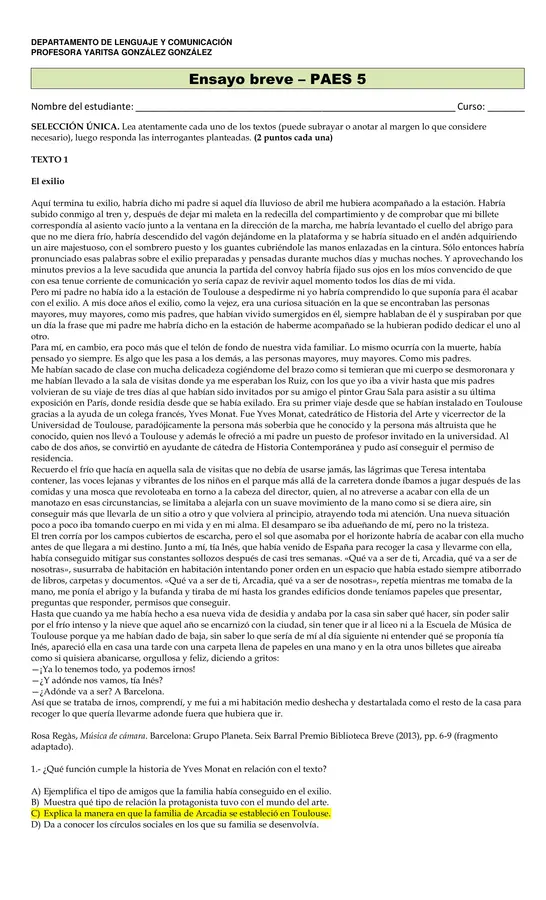 Evaluación de comprensión lectora PAES 5 (Incluye PAUTA)
